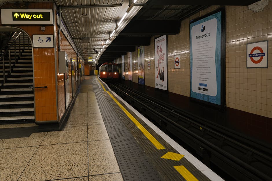 Inside Anerley Station, a descending staircase leads to the underground fare hall and platform area, with metal handrails along both sides. The stairway is situated beneath a concrete ceiling with visible electrical conduits and fluorescent lighting. The station walls feature bold, vertical grey and white striped patterns. In the background, three individuals, two women and one man, are walking along the station corridor, some carrying bags or personal items. The pavement area at the bottom includes yellow tactile paving strips indicating accessible pathways. This environment reflects a typical station layout, suitable for general home relocation or furniture transport planning, with Man with Van Anerley providing precise removals services in such locations.